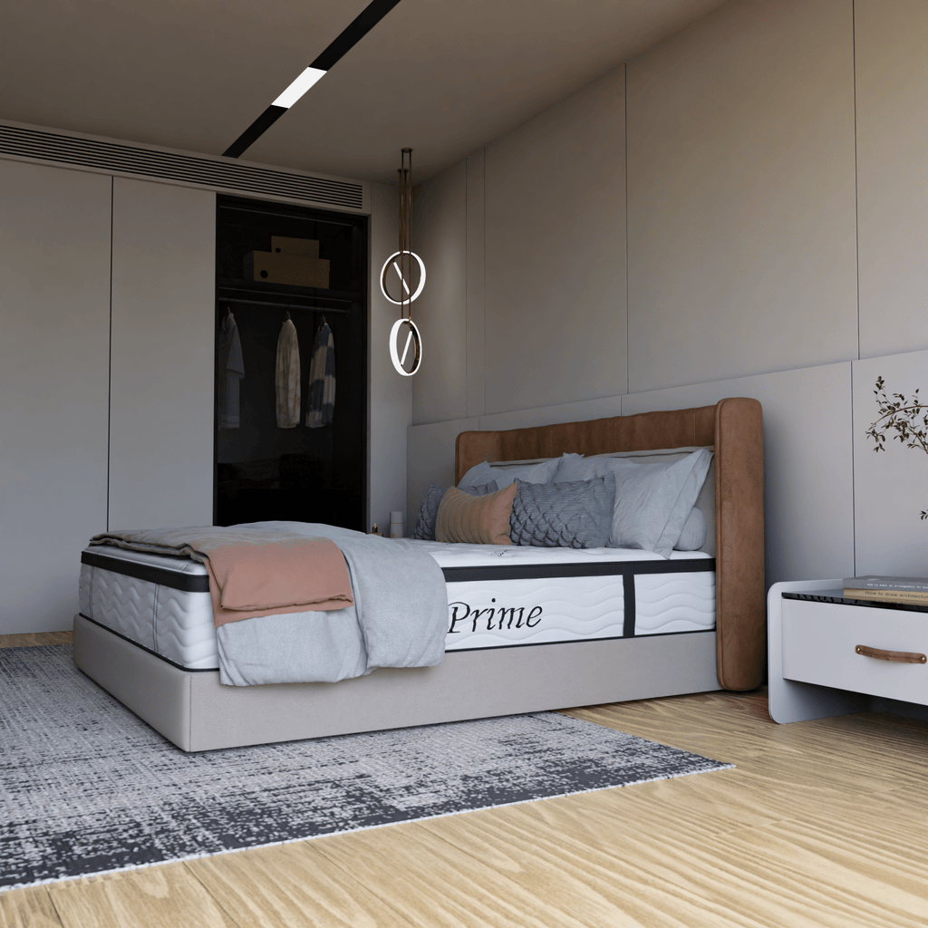 Modern bedroom with a bed, wardrobe, and decorative elements.