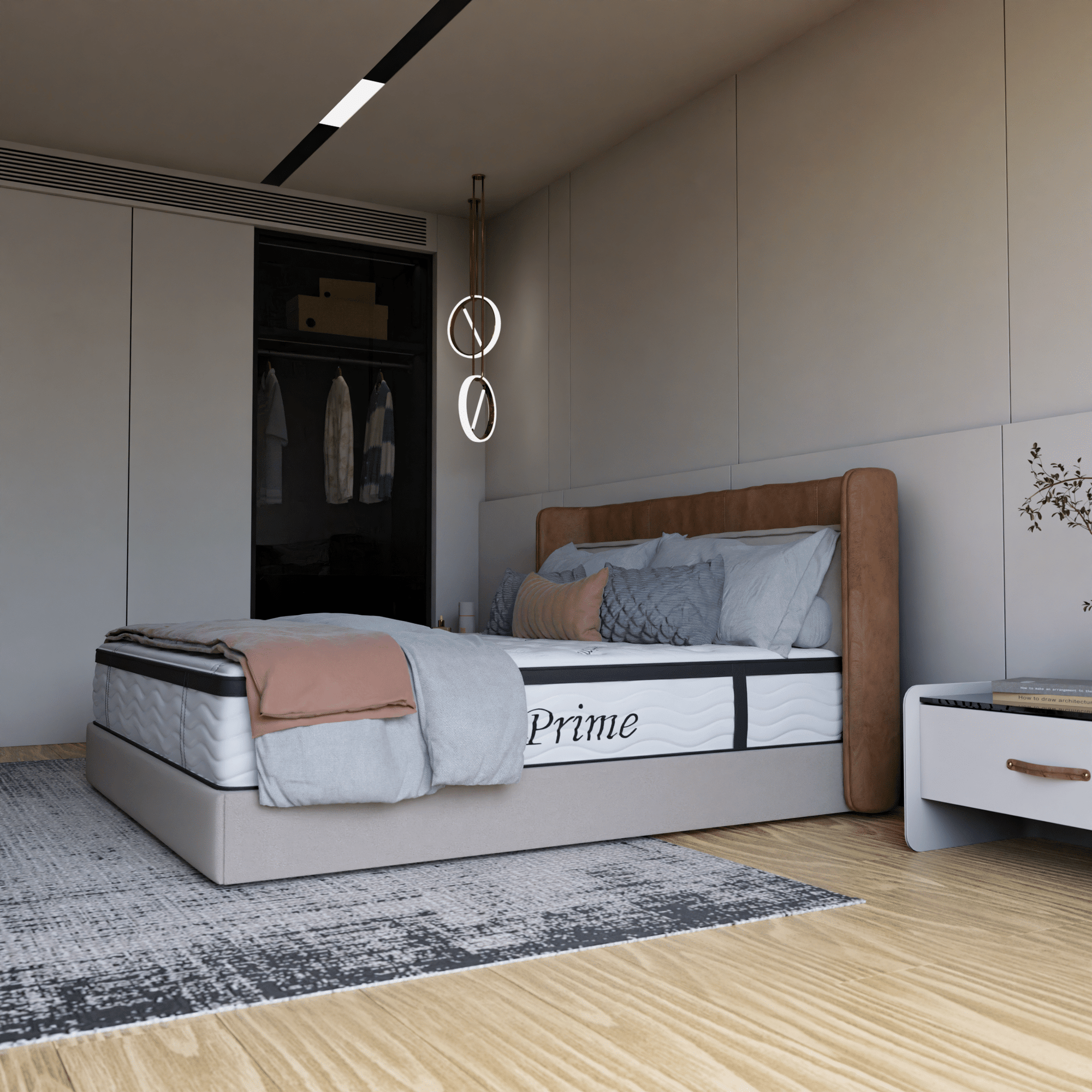 Modern bedroom with a bed, wardrobe, and decorative elements.