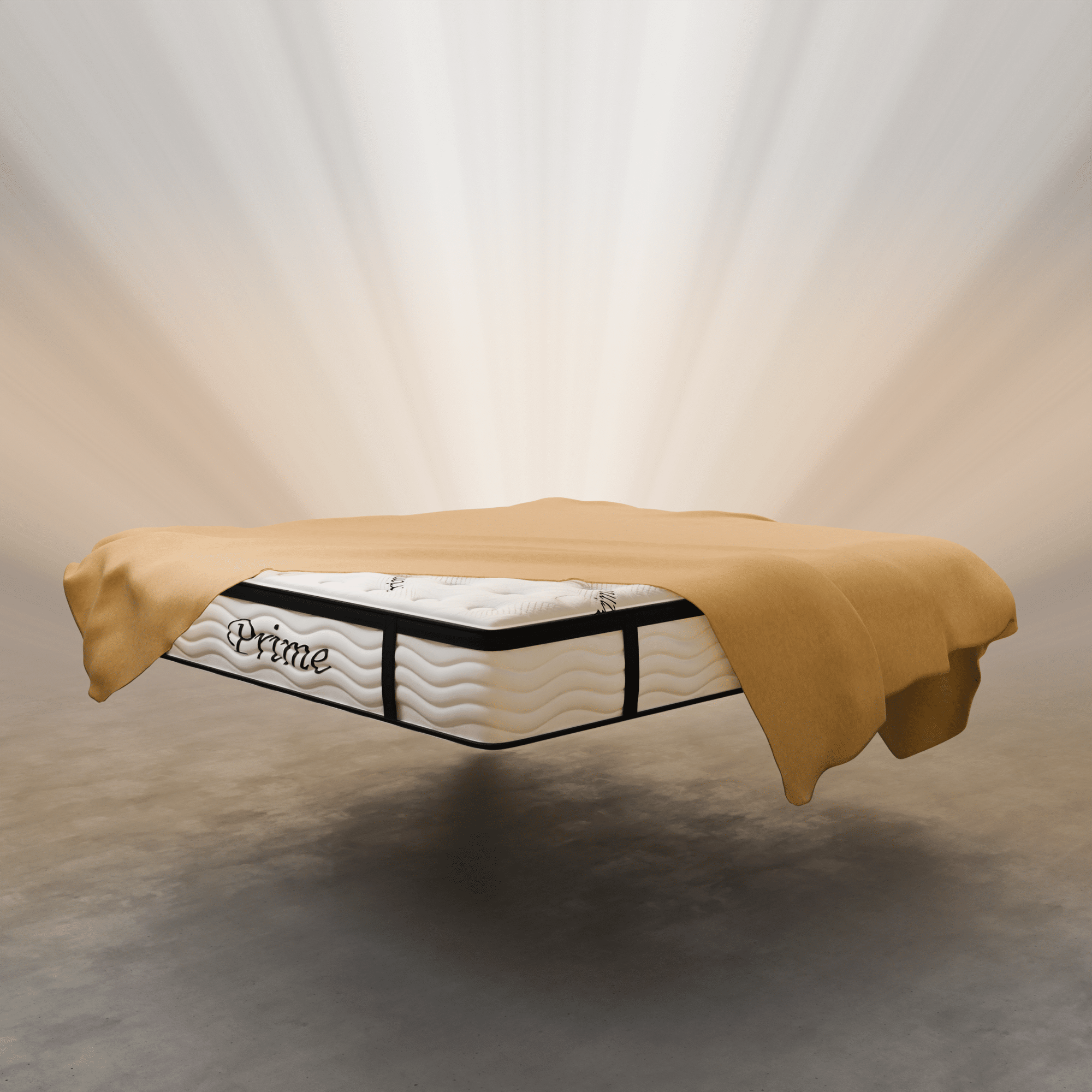 Mattress with a beige blanket draped over it on a neutral background